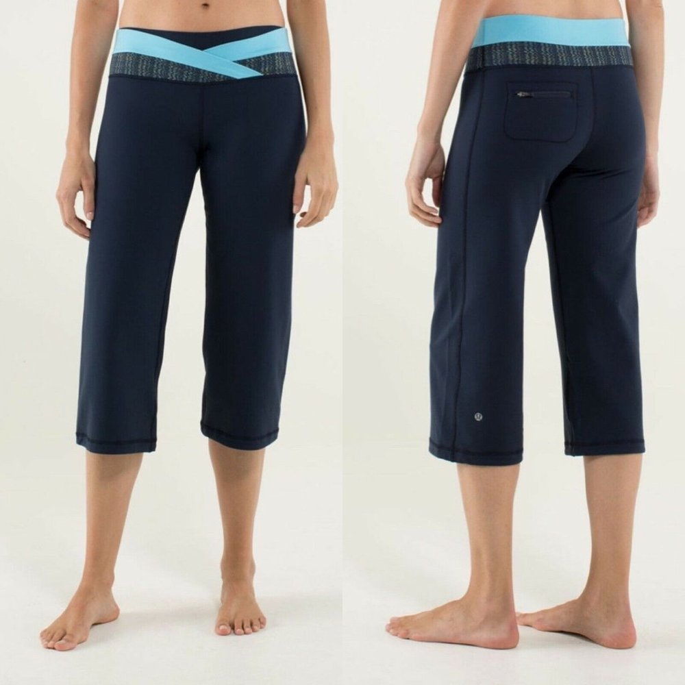 Lululemon 6 Dharana Crop Pants Inkwell Blue Zip Pocket Loose Wide Hyper Stripe